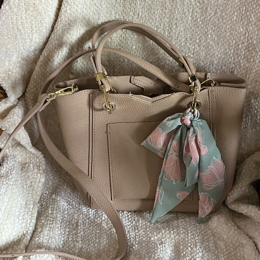 Steve Madden Bkarta Satchel Crossbody Purse with Scarf Tan Beige Color